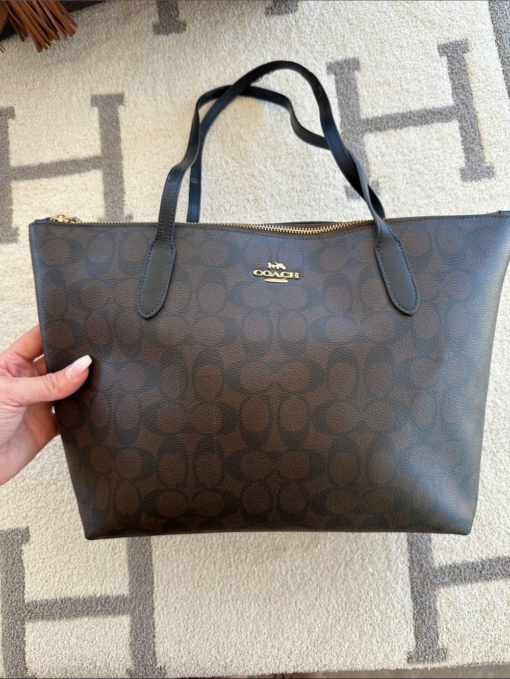 Coach Brown Signature Monogram Zip-Top Tote with Black Handles